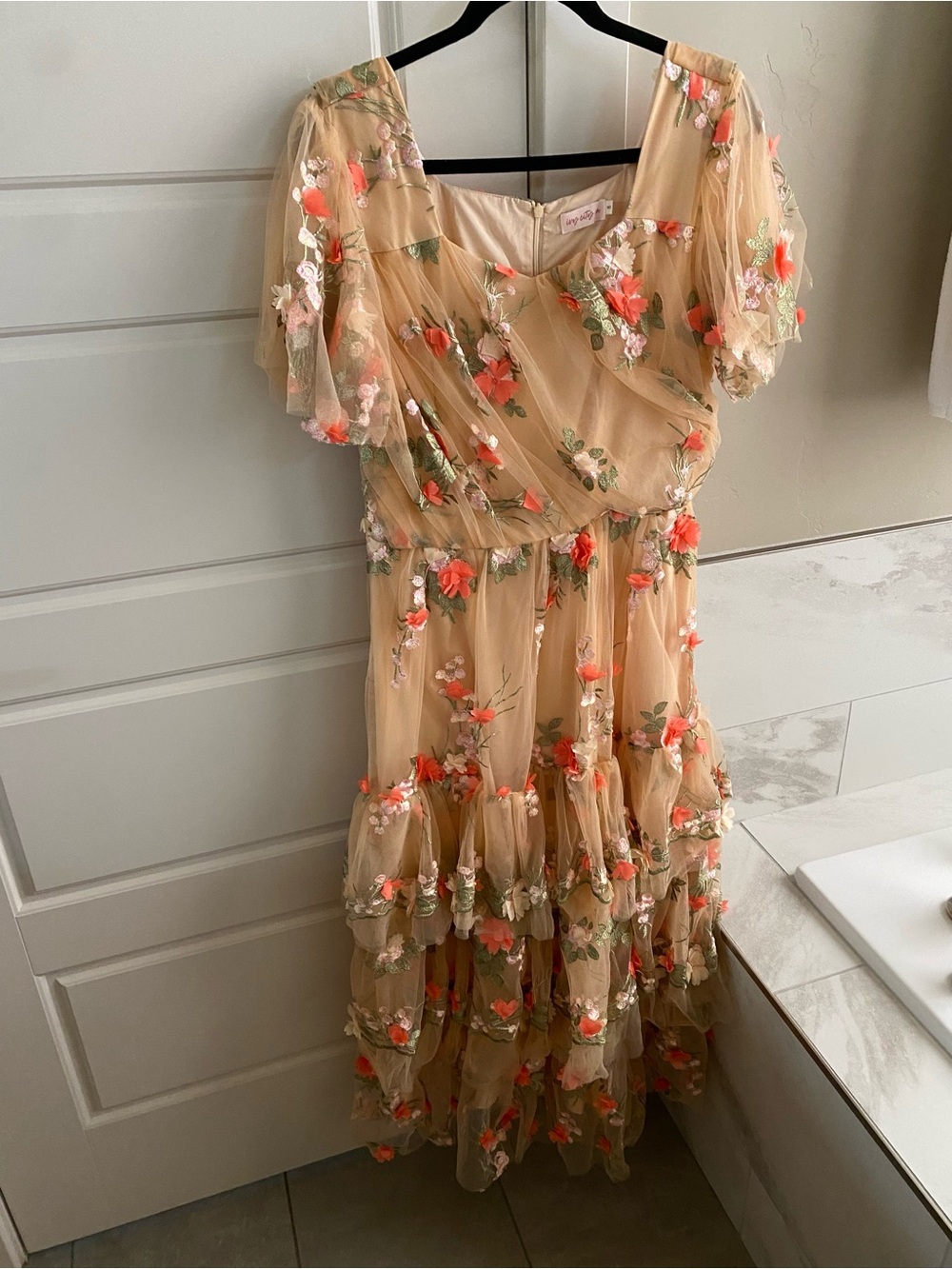 Ivy City Co Beige Midi Dress with Coral Floral Appliqué